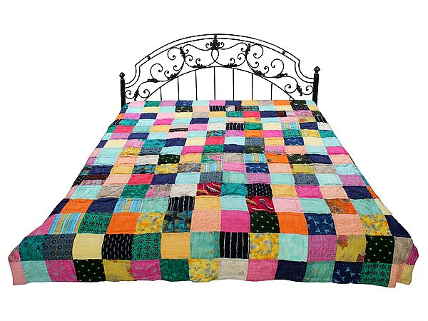 Reversible Kantha Quilt With Multicolor Patches From Jodhpur
