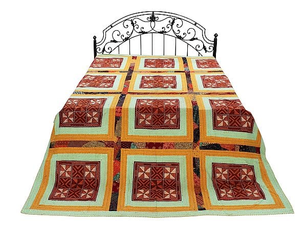 Aari Embroidered Kantha Bedcover With Multicolor Patches From Jodhpur