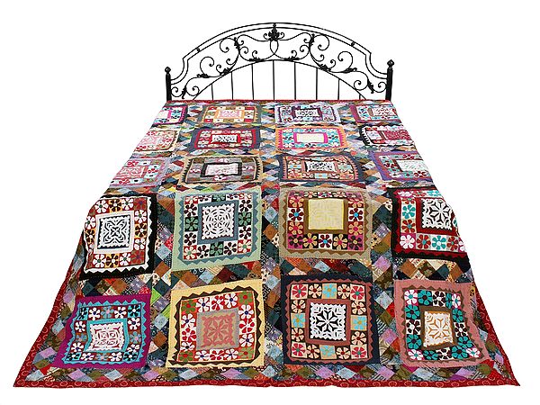 Floral Applique Kantha Bedcover With Multicolor Patches From Jodhpur