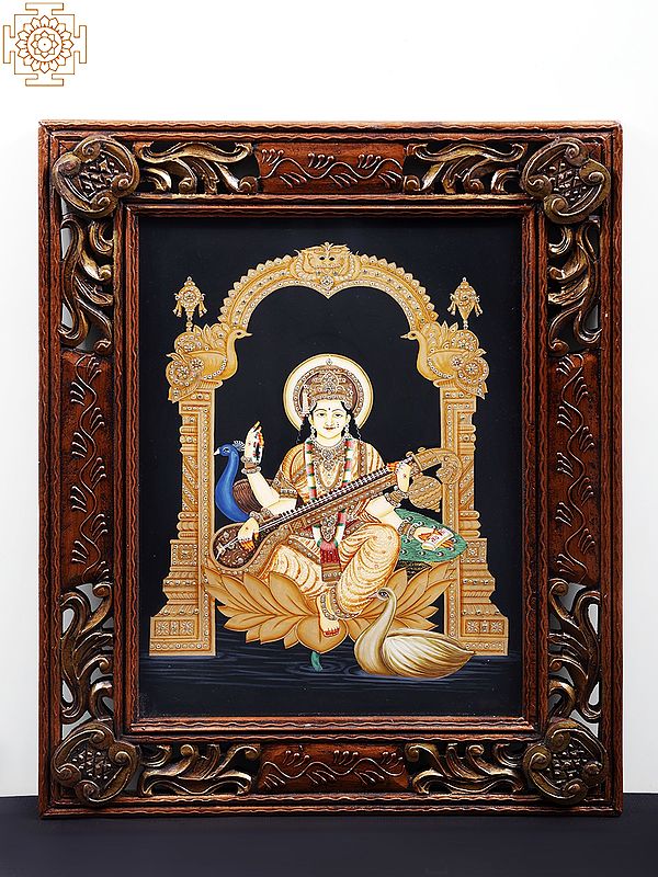 21" Goddess Saraswati Painting with Wooden Frame