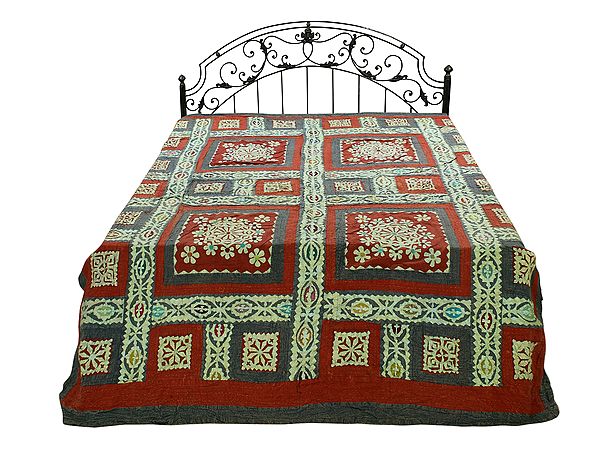 Rust Kantha Bedcover With Multicolor Floral Applique Patches From Jodhpur