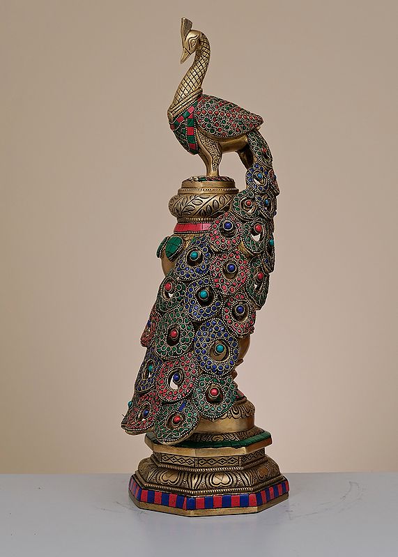 20" Brass Peacock Stambh with Inlay Work | Handmade