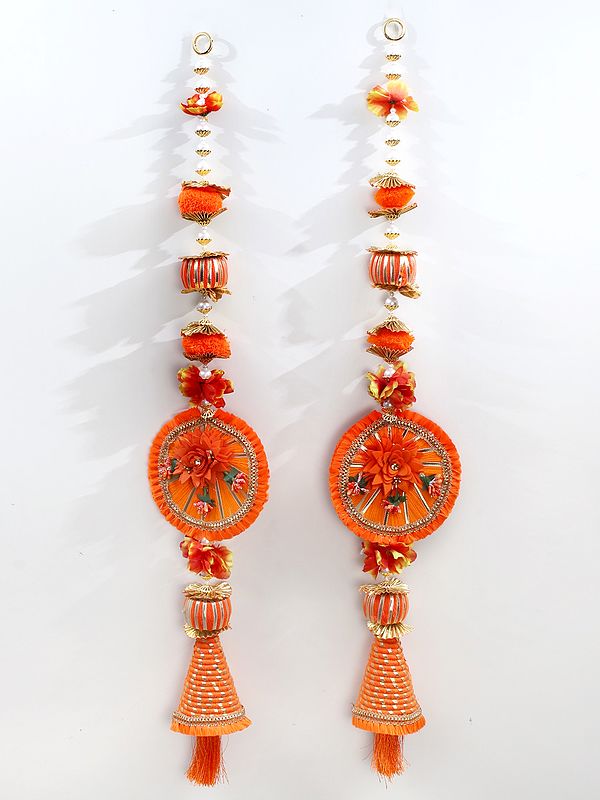 Saffron Floral Door Decor Toran With Tassels And Beads Set Of 2