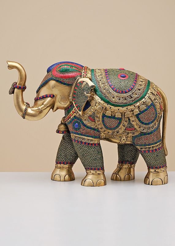 29" Brass Elephant Statue with Inlay Work | Handmade