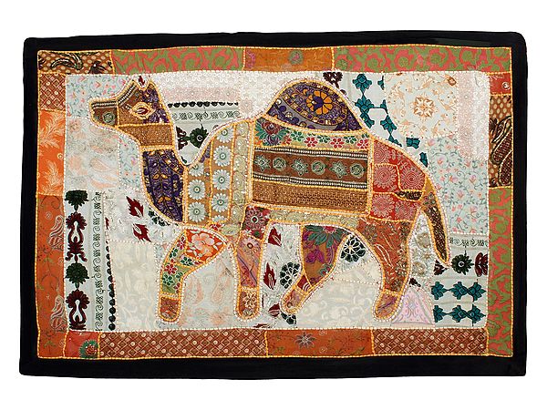 Animal Motif Embroidered Wall Tapestry with Kantha Patchwork from Gujarat
