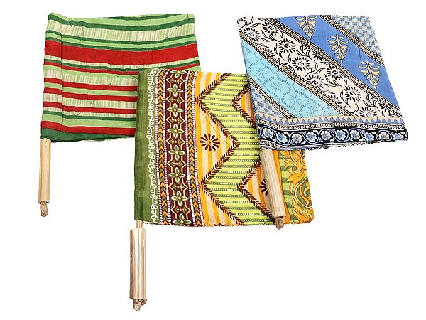 Set of 3 - Handheld Fabric Covered Rotating Bamboo Fan / Hand-Crafted Pankha