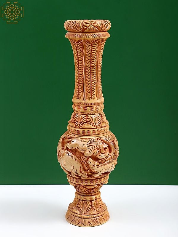 Wooden Flower Vase with Animal Carved