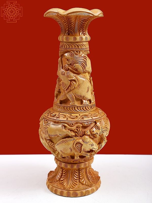 11" Wooden Vase with Animal Carved