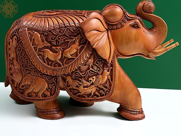 17" Decorative Wooden Elephant Figurine | Carved Animal Idol