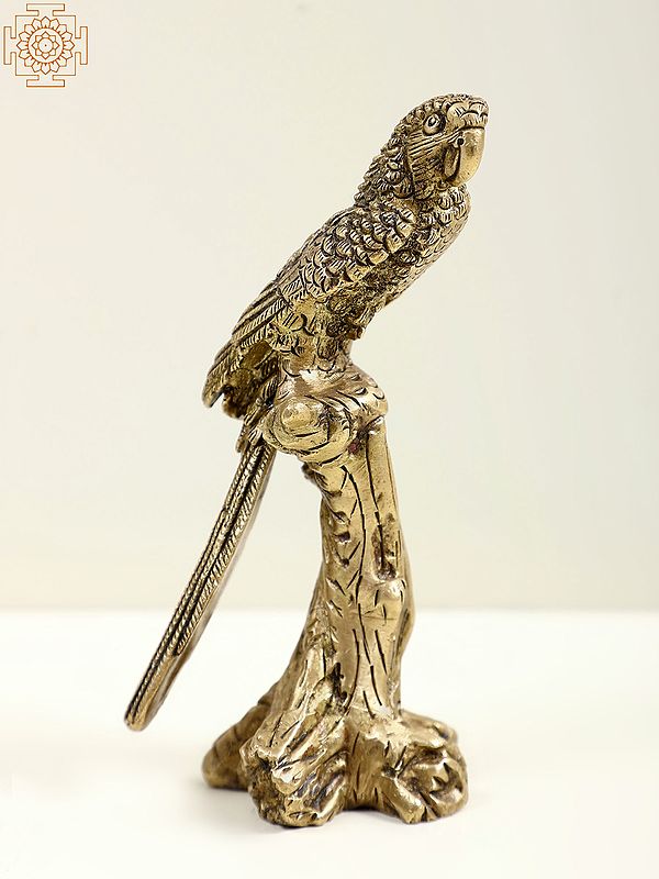 5" Small Brass Parrot Seated on Tree Trunk