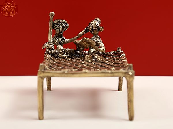 4" Small Traditional Charpai with Tribal Figure in Brass