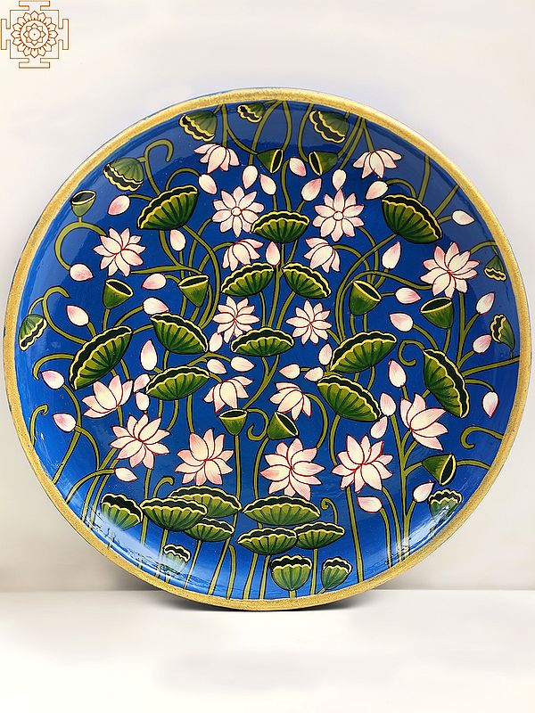 7" Wooden Wall Hanging Plate With Lotus Design