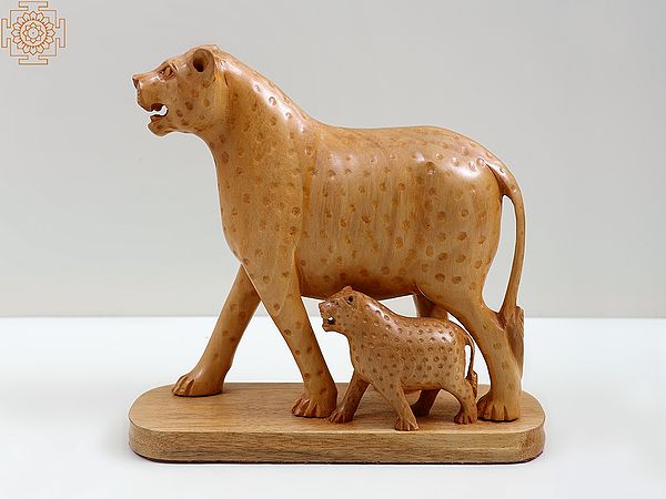 6" Wooden Leopard Statue Walking with Her Small Cub