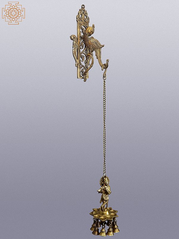 33" Brass Parrot Bracket with Lord Krishna Hanging Lamp