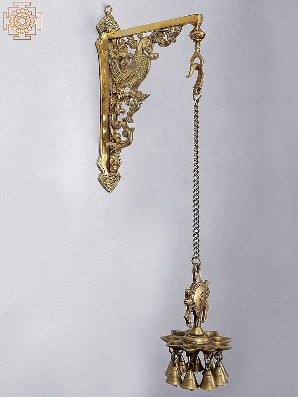24" Brass Peacock Wall Bracket with Vaishnava Symbol (Conch) Hanging Lamp