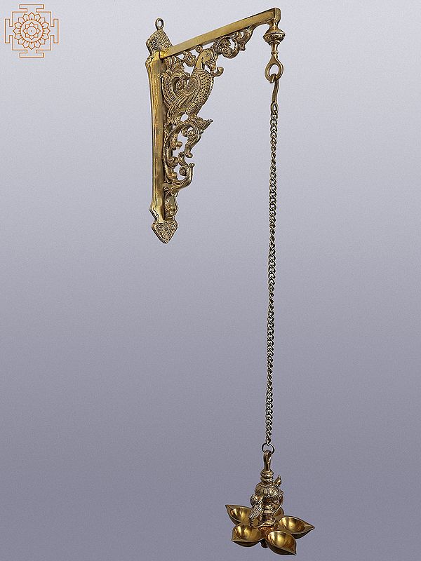 29" Brass Wall Hanging Bracket with Five Wicks Peacock Lamp
