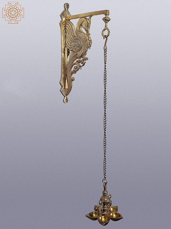 30" Brass Wall Hanging Bracket with Five Wicks Parrot Lamp
