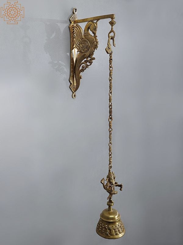 35" Brass Parrot Bracket with Lord Ganesha Hanging Bell