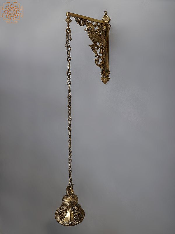 42" Brass Lord Ganesha Bell with Wall Hanging Peacock Bracket