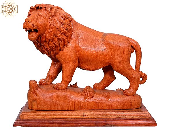 16" Wooden Lion Statue Roar in Jungle | Teakwood Lion Figurine