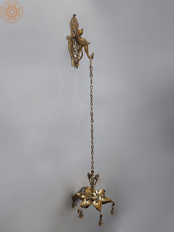46" Brass Six Wicks Hanging Lamp with Parrot Bracket