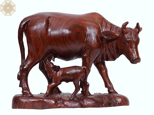 8" Wooden Cow and Calf - Most Sacred Animal of India (All Gods Live in Cow)