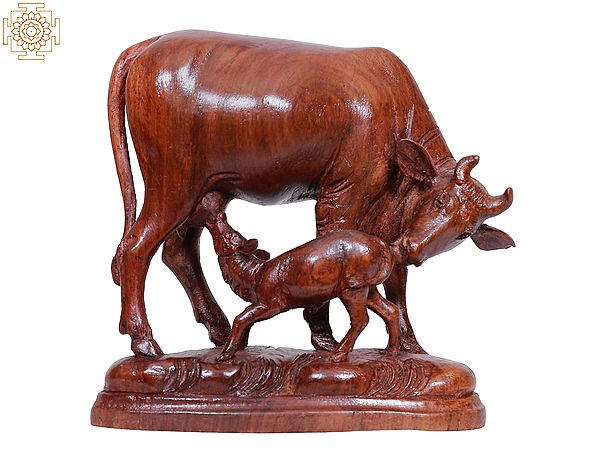 8" Wooden Cow and Calf - Most Sacred Animal of India (All Gods Live in Cow)