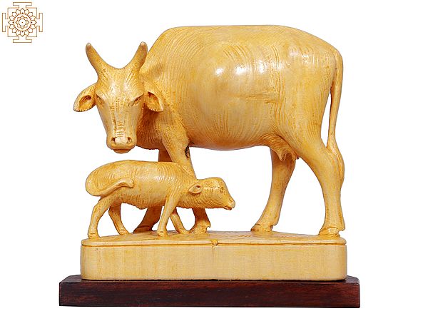 6" Wooden White Cow and Calf - Most Sacred Animal of India (All Gods Live in Cow)