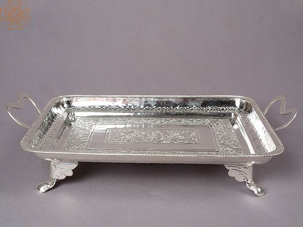 16" Silver Fruit Serving Stand Tray with Handle From Nepal