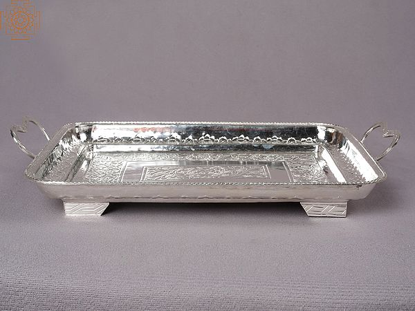 14" Silver Designer Stand Tray with Handle From Nepal