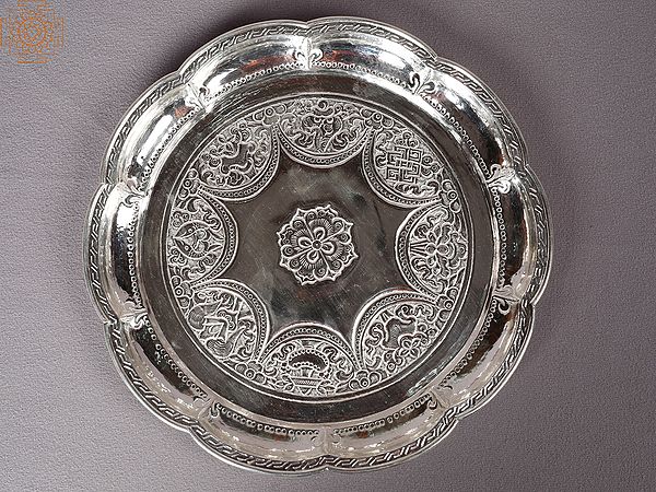 10" Silver Flower Shaped Pooja Thali From Nepal