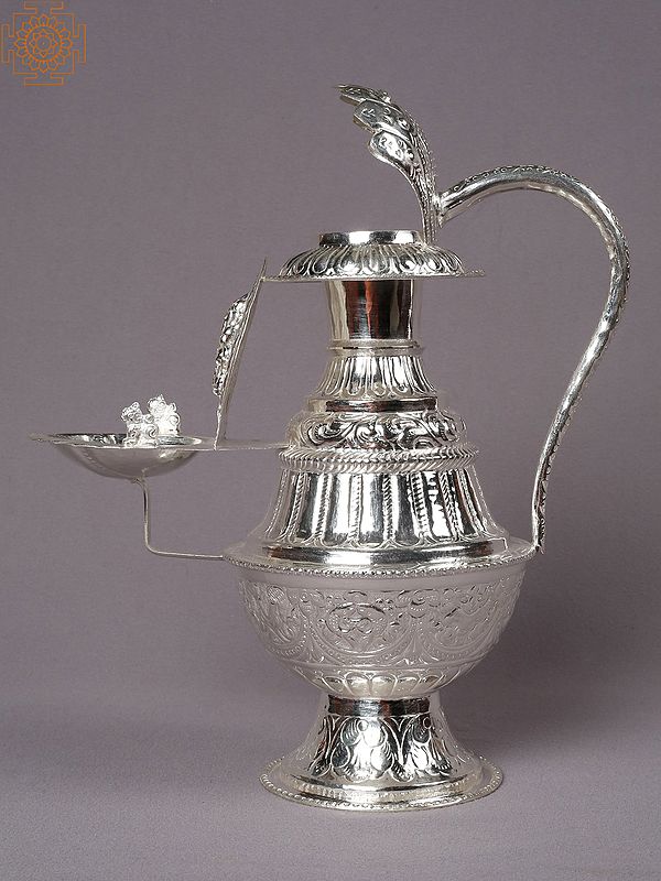 11" Silver Ganesha Pooja Kalash & Oil Lamp(Sukanda) From Nepal