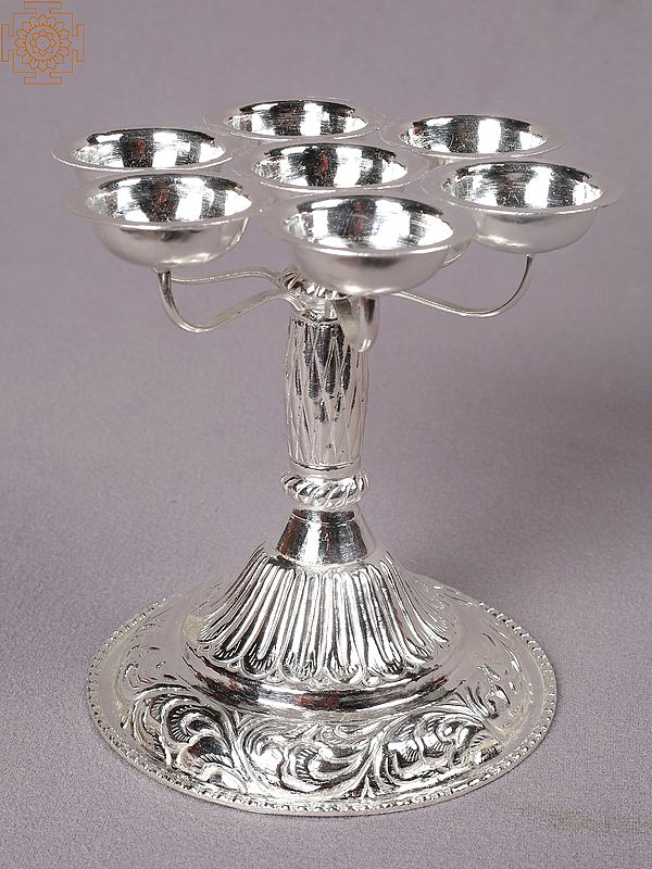 5" Silver Eight Deepak Pooja Oil Lamp with Stand from Nepal