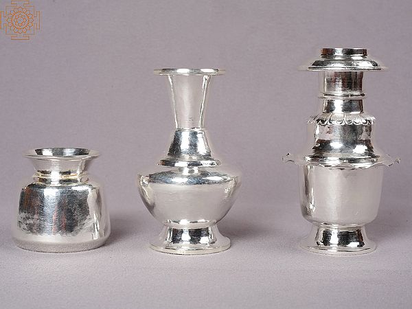 4" Silver Set of Three Pooja Item (Buddhist) From Nepal