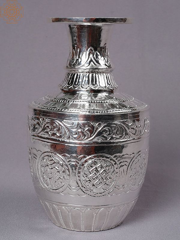 8" Silver Flower Pot with Ashtamangala Engravings from Nepal