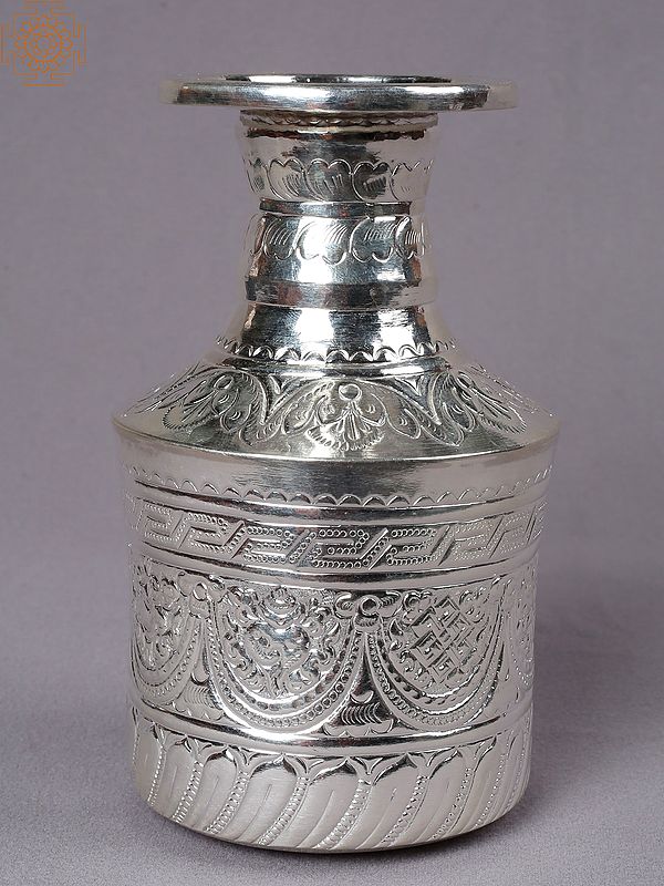 6" Silver Flower Vase with Ashtamangala Engravings from Nepal