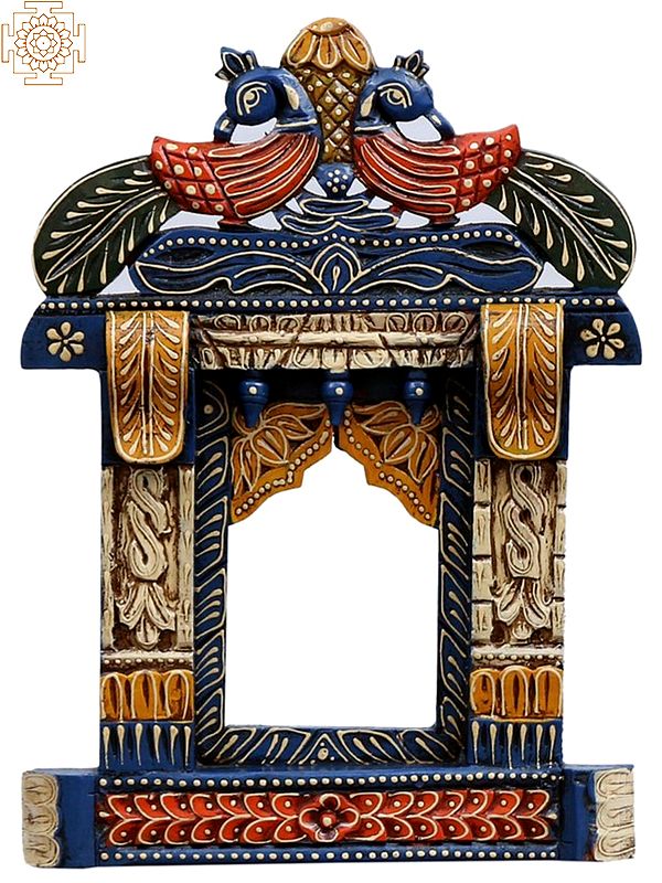 18" Wooden Peacock Design Jharokha (Window) in Blue Color | Wall Hanging