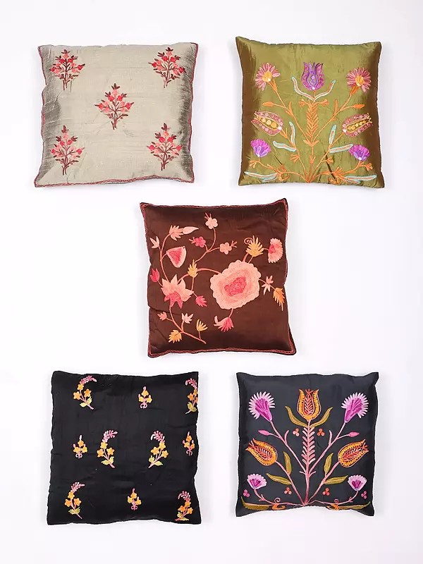 Lot of Five Cushion Covers from Kashmir with Floral Ari Embroidery