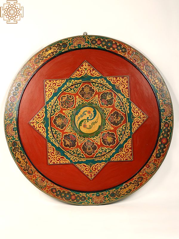 48" Vintage Wooden Tibetan Buddhist Mandala Art (Yin-Yang) | Wall Decor