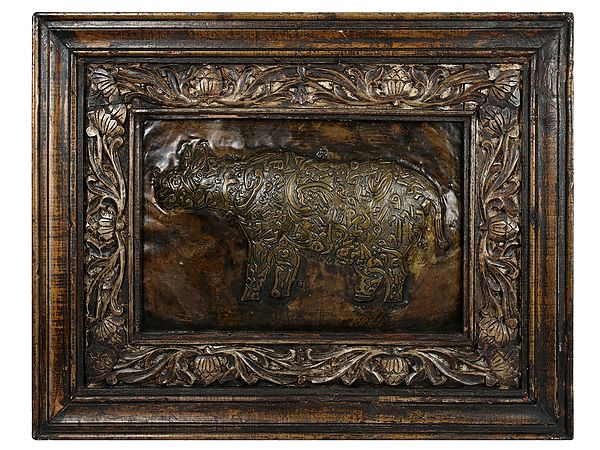 39" Brass Calligraphic Rhinoceros | Wooden Frame Wall Hanging