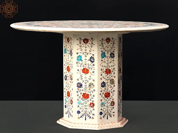 48" White Marble Superfine Coffee Table with Inlay Work