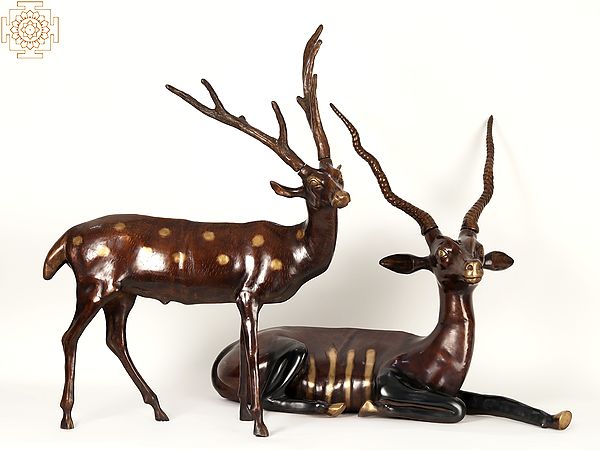 34" Large Pair of Deer and Antelope | Brass Statue