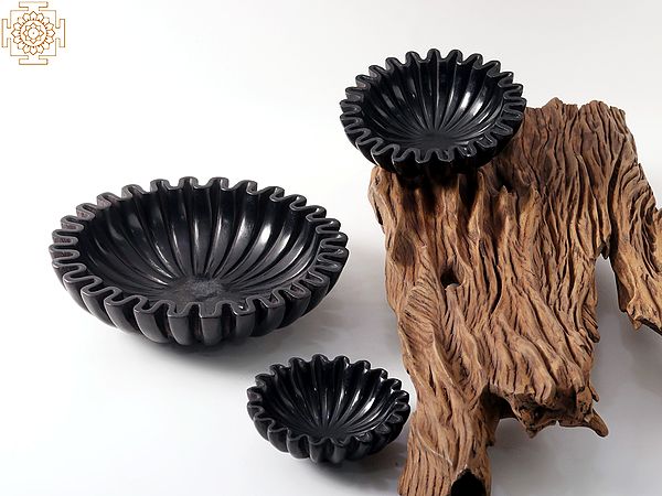 Black Marble Ruffled Design Bowl (Set of 3)