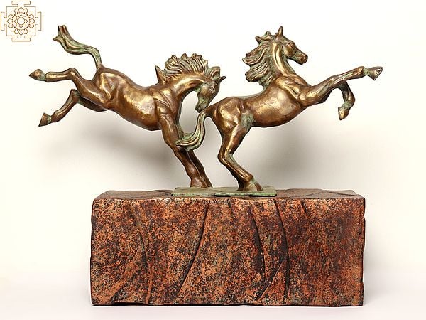 23" Bronze Playful Horses on Stone Base | Home Decor