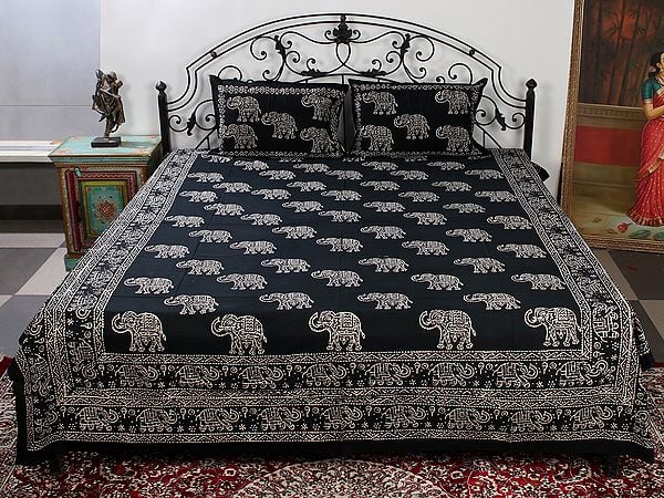 Caviar-Black Queen Size Pure Cotton Jaipuri Bedsheet With Handblock-Pilkhuwa Printed Elephant And Two Pillow Cover