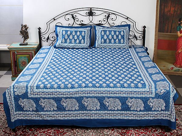 Blue Cotton Handblock-Bagru Printed Elephant-Floral Motif Queen Size Bedsheet With Two Pillow Cover