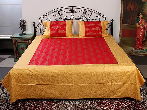 Golden & Red Cotton Color Queen Size Patola Bedsheet with Gold Cypress Tree Pattern Printed and Two Pillow Cover