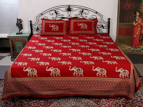 True-Red Color Cotton Handblock Printed Double Bedsheet With All-Over Elephant-Floral Motif And Two Pillow Cover