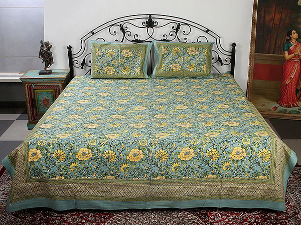 Green Base Cotton Queen Size Bedsheet With Multicolor Flower Vine Pattern Printed And Two Pillow Cover