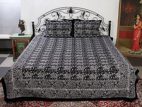 Midnight-Black Color Queen Size Cotton Bedsheet with All-Over Elephant Handblock-Pilkhuwa Print with Two Pillow Cover